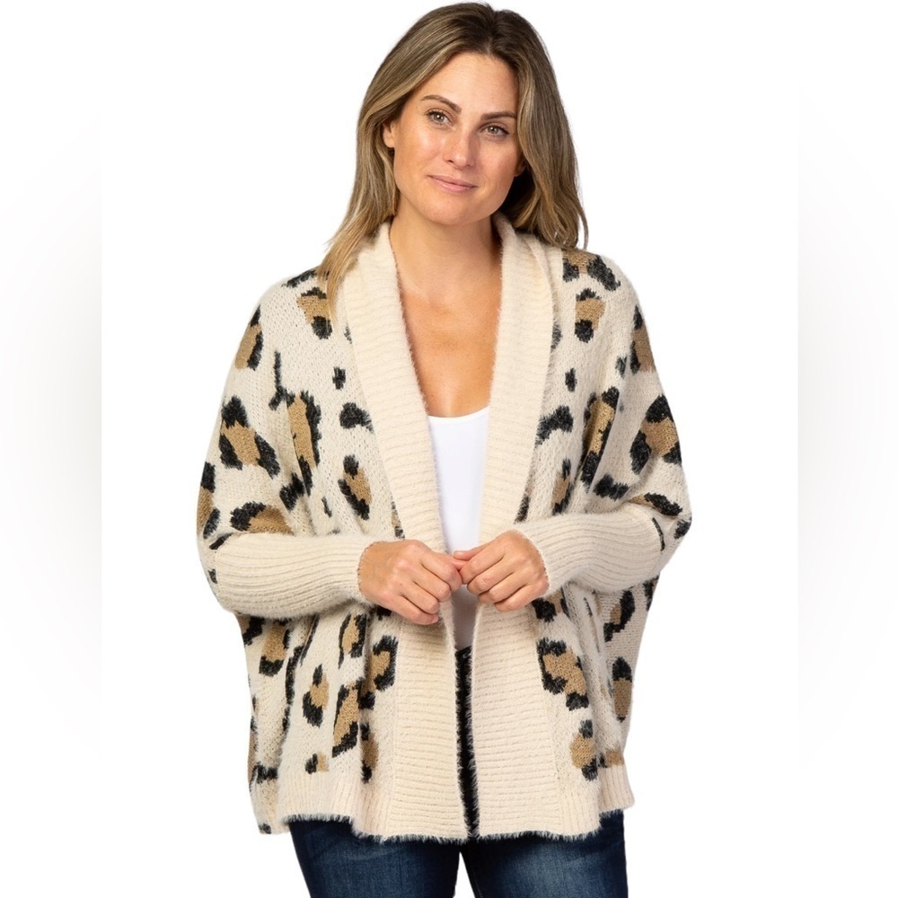Very J Cream Animal Cheetah Print Knit Drape Cardigan SZ L NEW